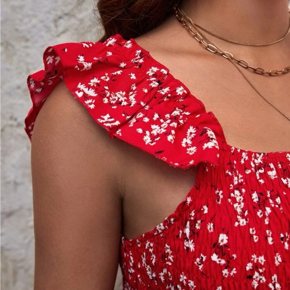 Plus Size Red Ruffle Smocked Tank Top Blouse - Picture 5 of 5